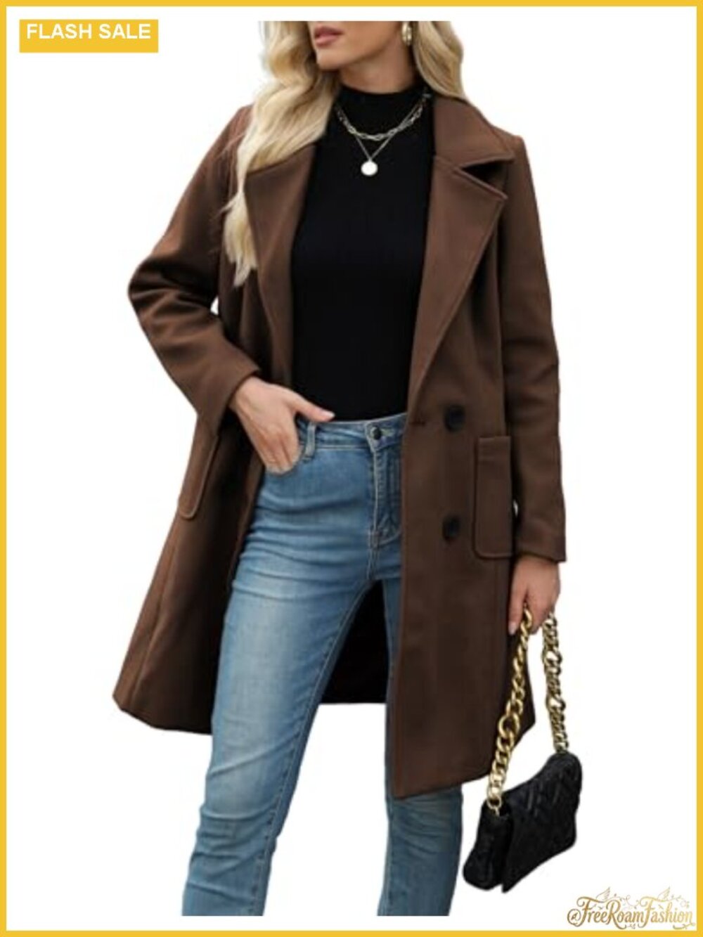 Women Wool Blend Mid-Long Pea Coat Double-Breasted Notched Lapel Winter Jacket